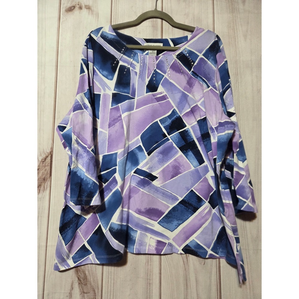 Alfred Dunner Woman Purple Blue Abstract Geometric Rhinestone 3/4 Sleeve Top 2X